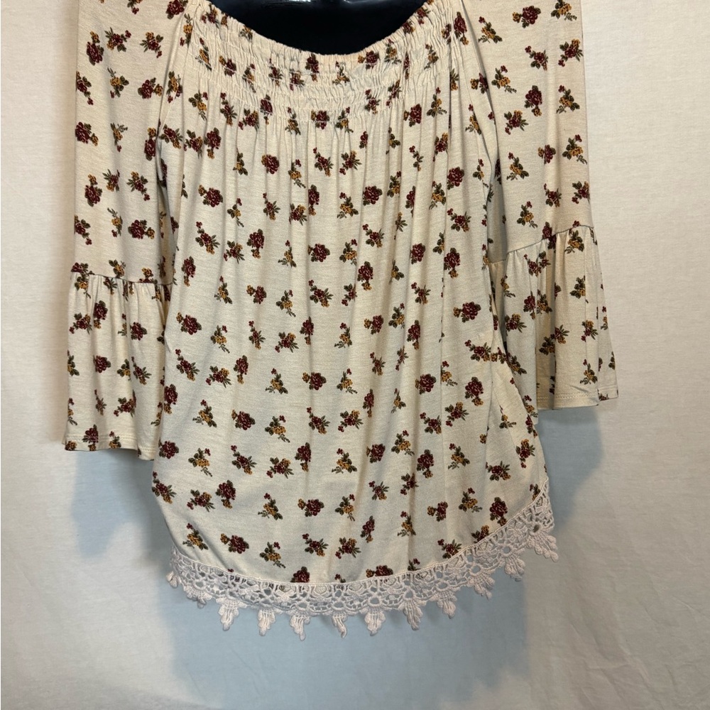 G-109 Urban Girl Cream Red & Orange Floral Lace Trim 1/2 Sleeve Blouse Size S - Picture 8 of 15